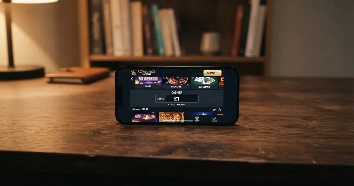 A smartphone screen showing a UK online casino lobby with a highlighted deposit button and a £1 amount entered in the cashier field
