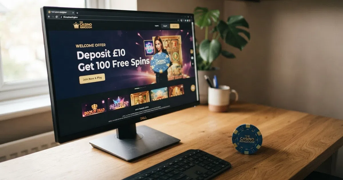 A UK online casino welcome screen displaying a free spins promotional banner with terms and a prominent “Deposit £10” qualifier, shown on a desktop browser