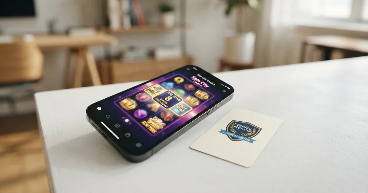 A UK Gambling Commission logo beside a smartphone screen displaying a slot game with free-spin reels and a bonus terms overlay, set against a clean white background
