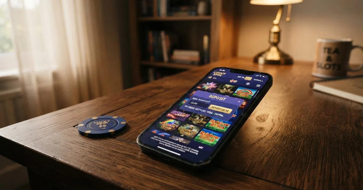A smartphone screen displaying a UK online casino game lobby with a deposit panel open, showing a £2 amount entered in the deposit field and a selection of slot thumbnails visible behind it