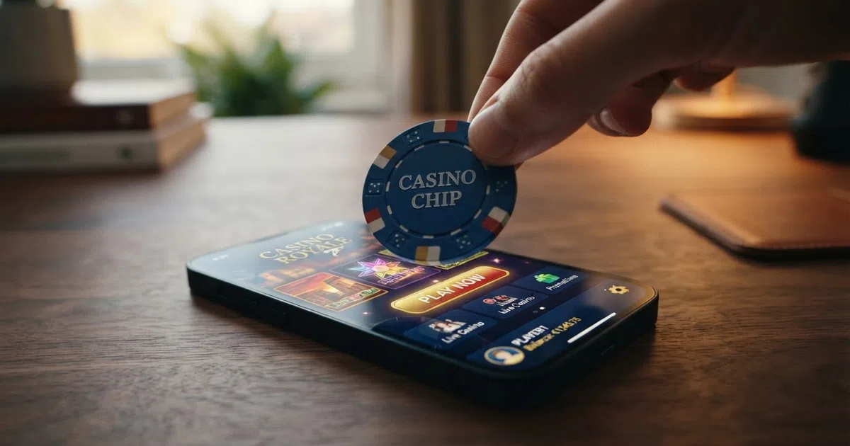 A £20 banknote held above a smartphone showing an online casino slot lobby