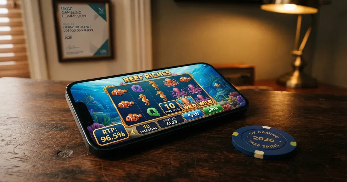 A UK online casino welcome screen displaying a free-spins offer badge with terms visible beneath