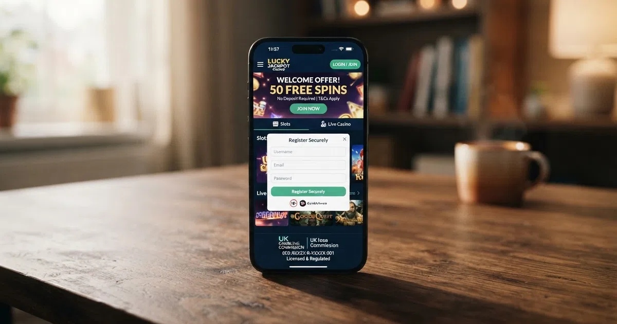 A smartphone screen displaying a UK online casino homepage with a free spins promotional banner, a registration form overlay, and the Gambling Commission licence badge visible in the footer