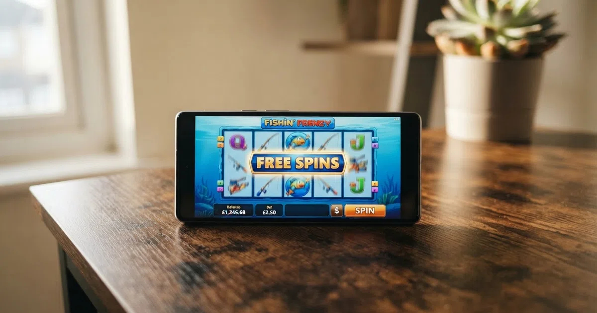 A smartphone screen displaying a colourful online slot game reels with a “Free Spins” promotional badge overlaid and a UK casino lobby menu visible in the background