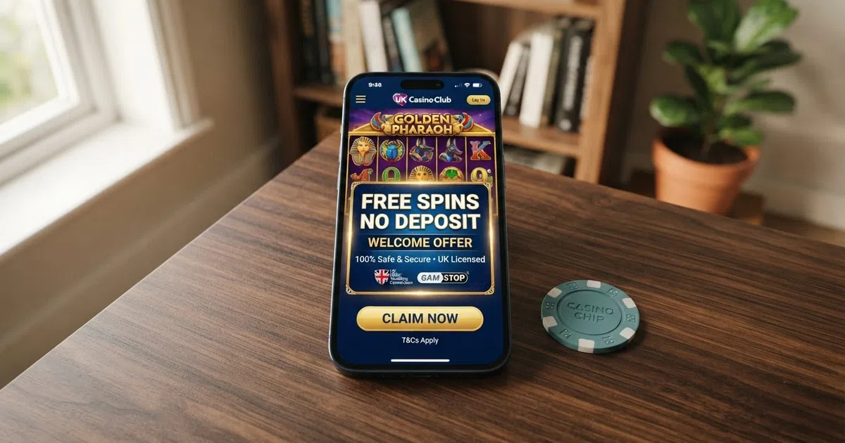 A UK-licensed online casino welcome screen showing a “30 Free Spins No Deposit” promotional banner with slot reels visible in the background