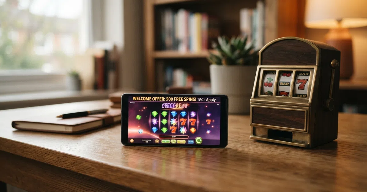 A row of online slot reels beside a mobile casino screen showing a free-spins welcome banner