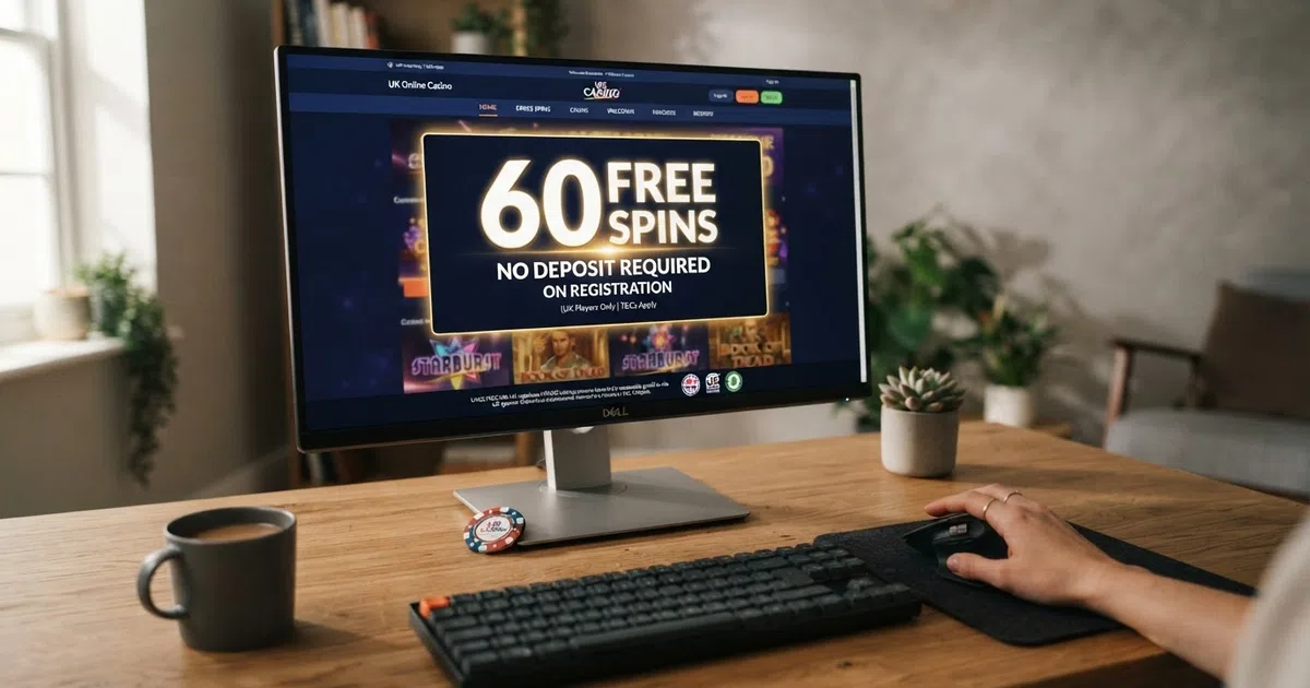 A UK online casino welcome screen displaying a “60 Free Spins No Deposit” promotional banner on a desktop browser, with the Gambling Commission licence number visible in the footer.
