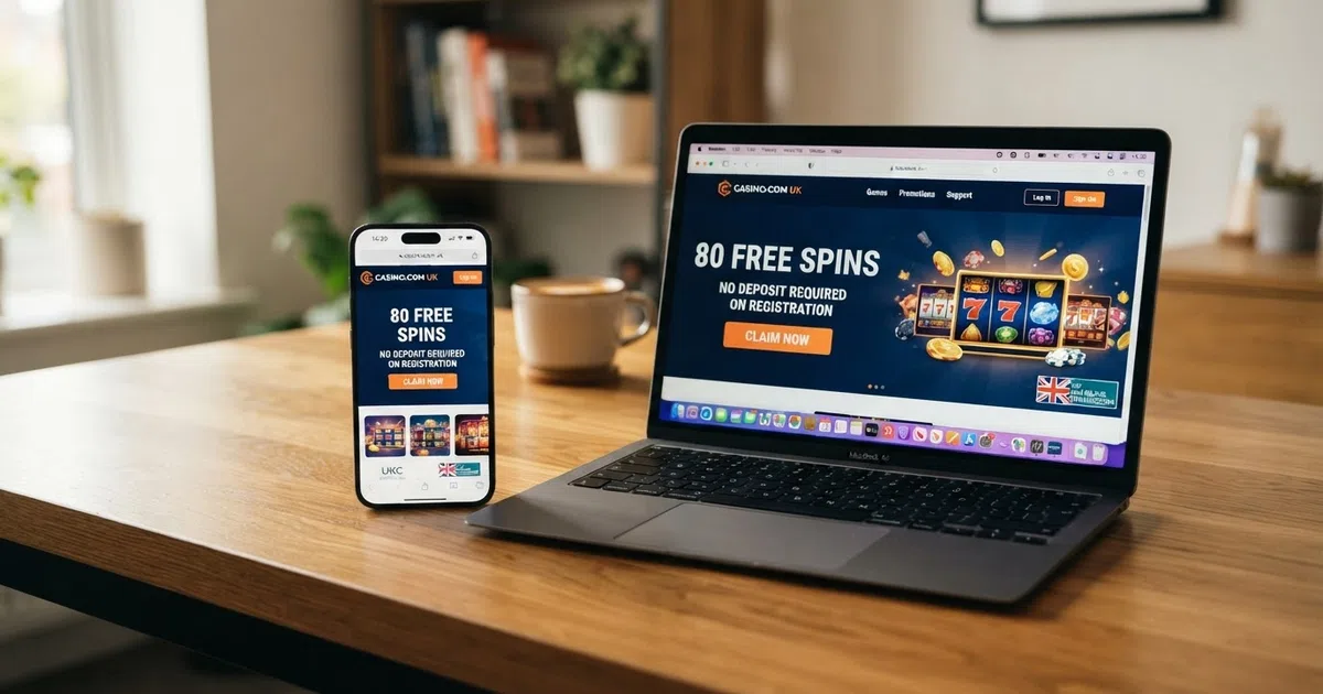 A smartphone and a laptop screen side by side, each displaying a UK online casino promotion page with a free-spins offer badge and a “Claim” button visible