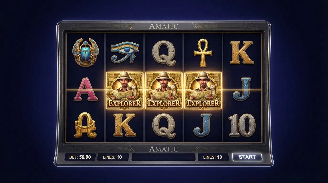 A close-up of the Book of Aztec 5×3 reel grid with the explorer symbol landing on the middle row during a bonus round, showing the 10-payline layout