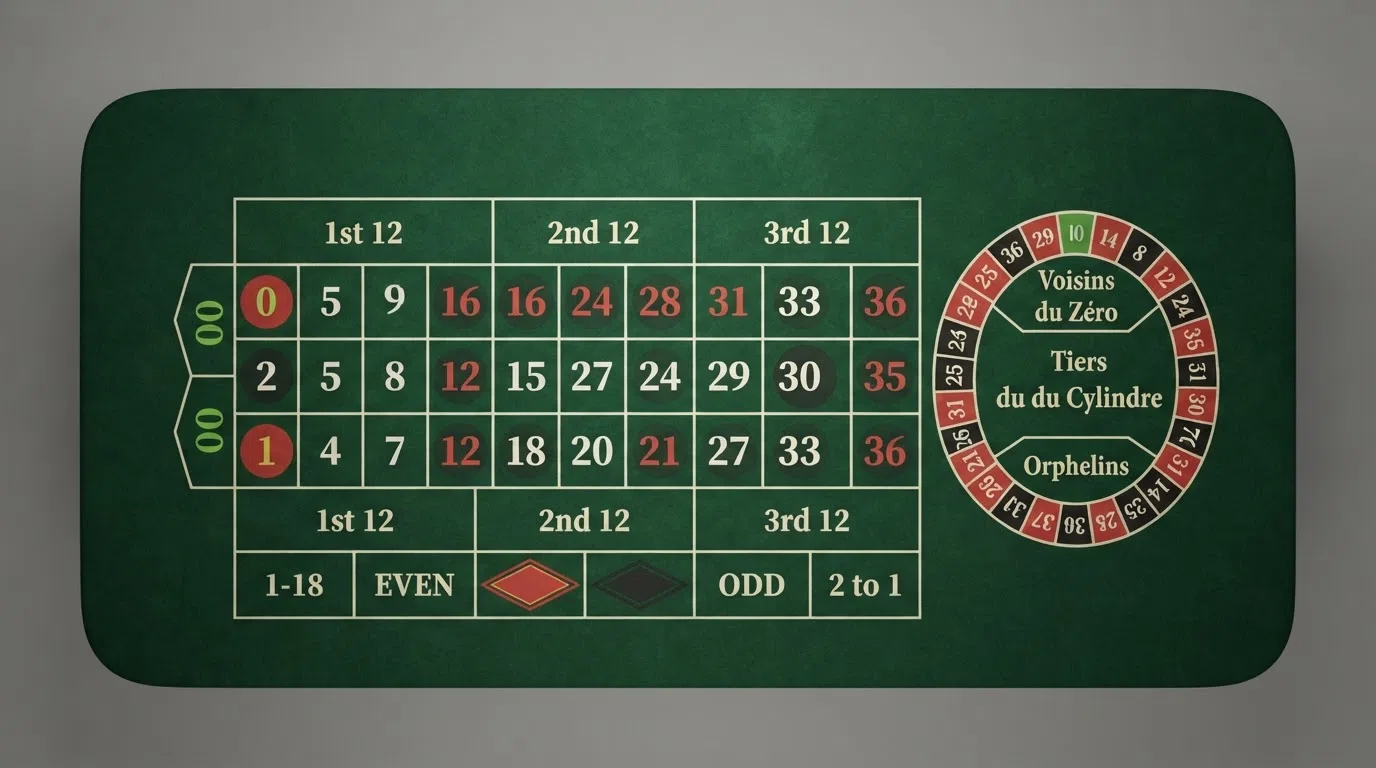 The American roulette table felt showing the numbered grid with inside and outside betting areas and the racetrack section