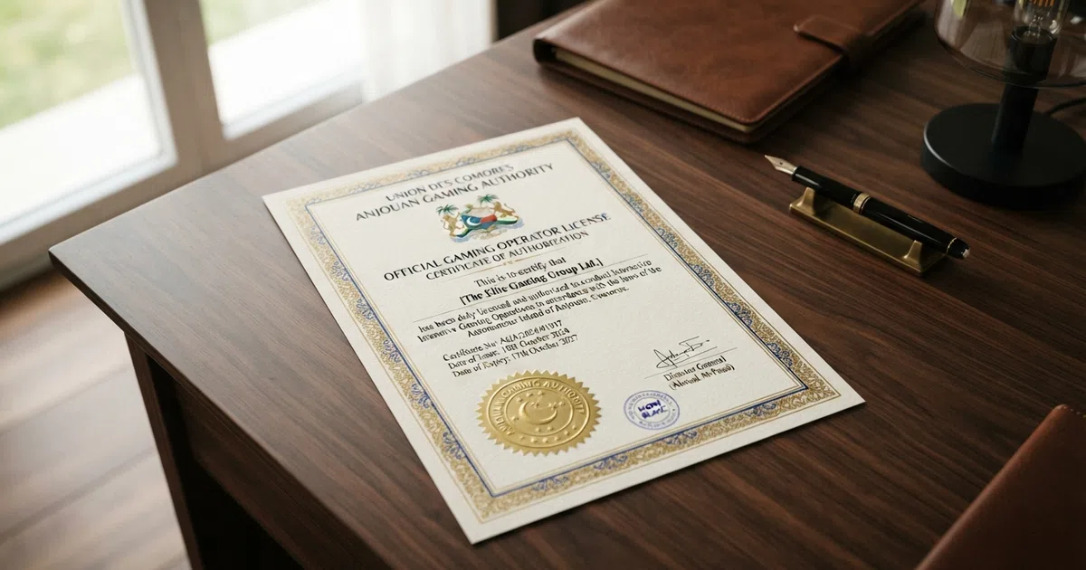 A close-up of an official Anjouan gaming licence certificate document with the Anjouan Gaming Authority seal and a registration number visible on the page