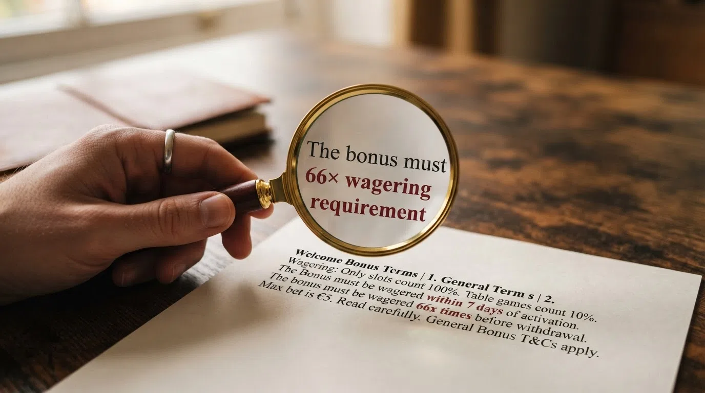 A magnifying glass over casino bonus terms and conditions, highlighting a wagering requirement of 66× in red, with a small-print validity window beside it