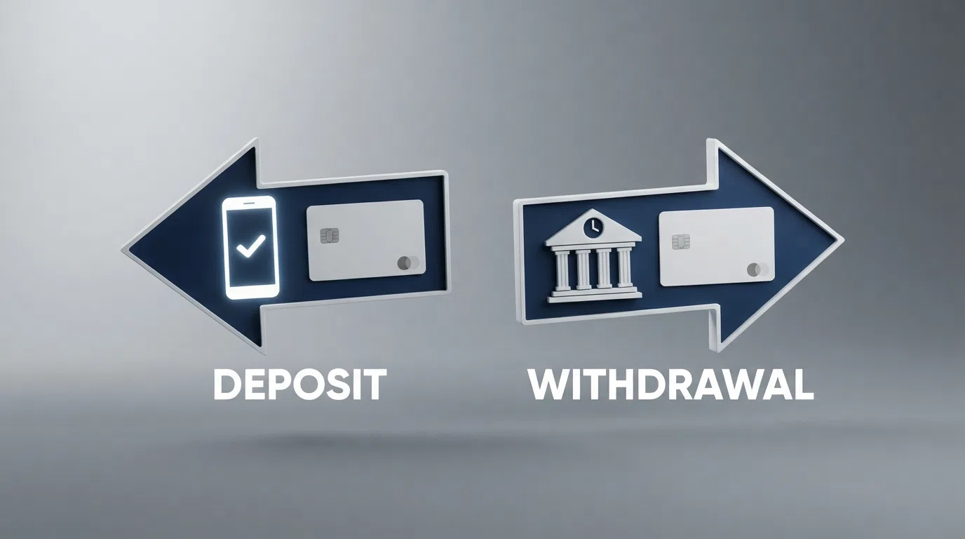 Two arrows: one deposits into a casino by Apple Pay, the other withdraws out by bank transfer