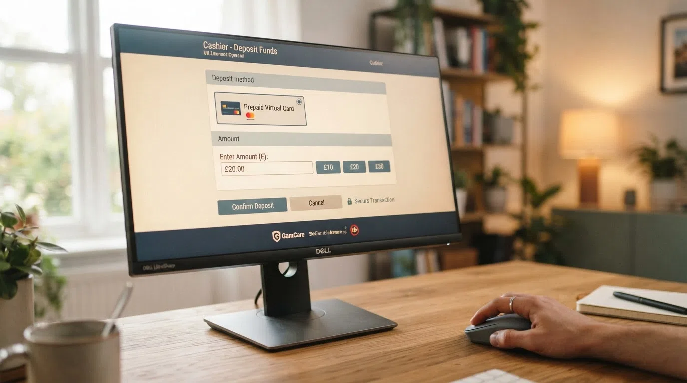 A desktop casino cashier screen with AstroPay selected as the deposit method and a £20 amount entered