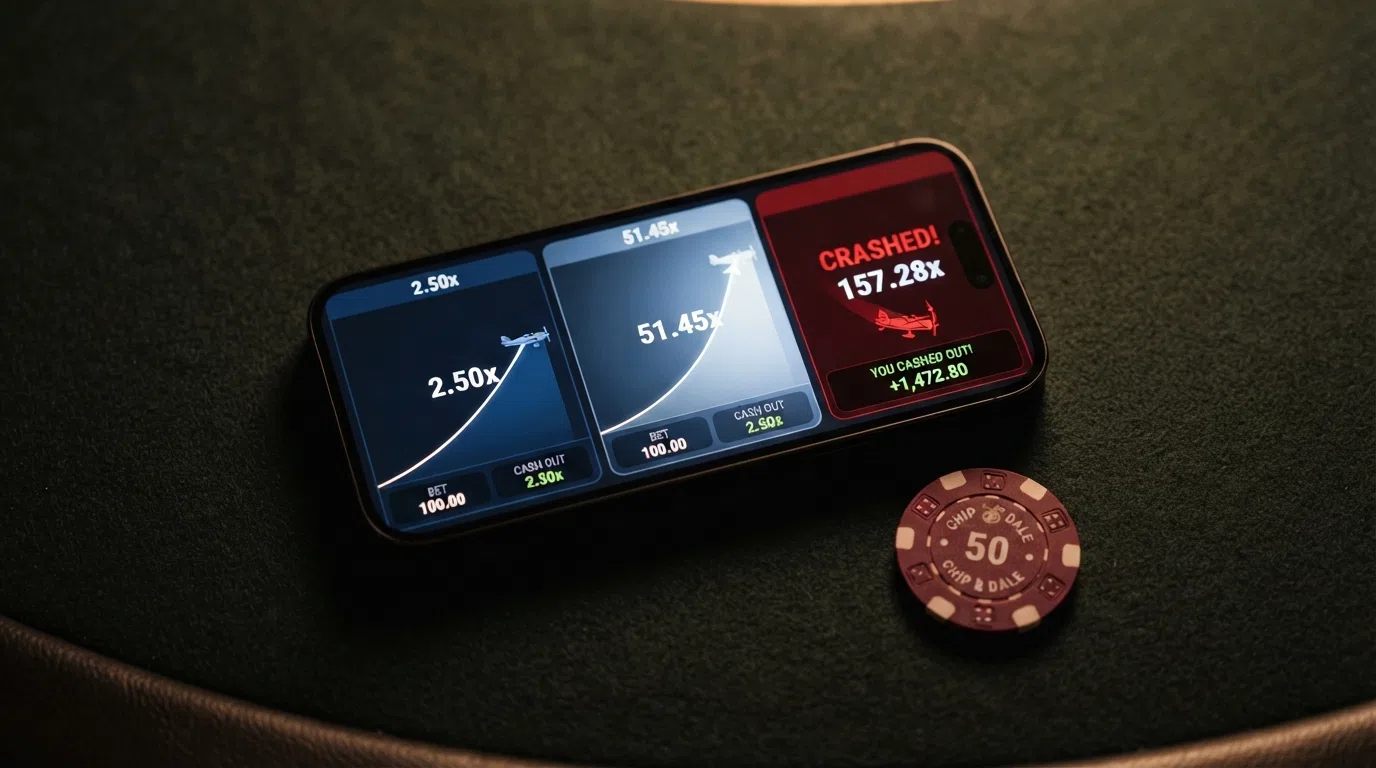 A close-up sequence of the Aviator multiplier curve at three stages — rising steadily at 2.50x, accelerating past 50x, and the crashed red screen showing the final multiplier with the round's bet results