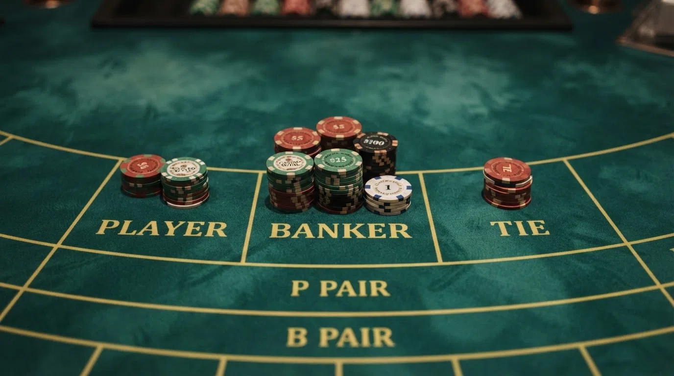 A close-up of a baccarat table felt showing the Banker, Player and Tie betting areas with chips placed on the Banker spot