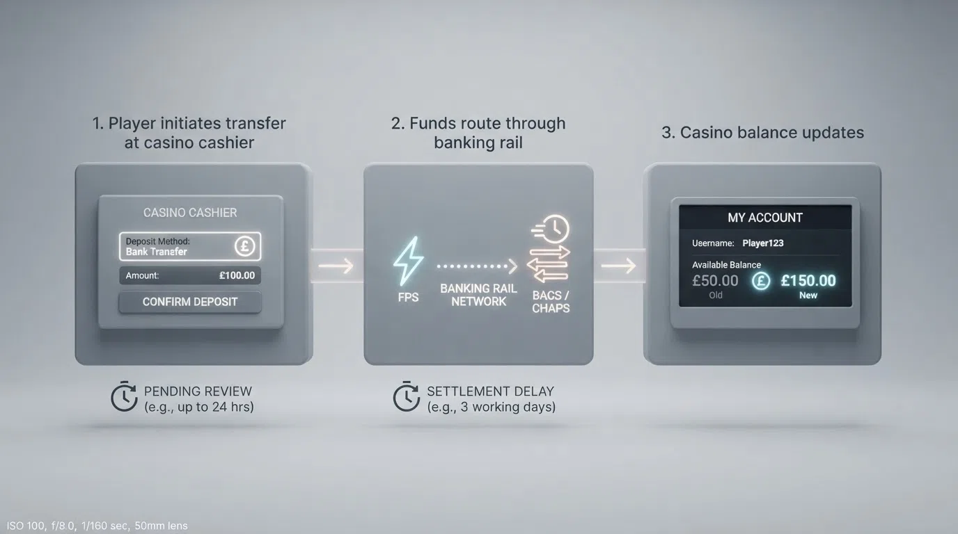A simplified flow diagram showing the three stages of a bank transfer casino deposit — player initiates transfer at casino cashier, funds route through banking rail, casino balance updates — with clock icons marking where delays occur at each stage