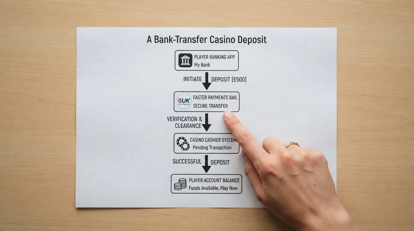A simplified diagram tracing the journey of a bank-transfer casino deposit from a player's banking app through the Faster Payments rail to the casino cashier confirmation screen