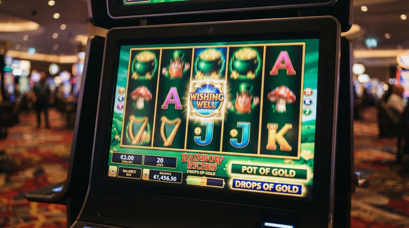 The Rainbow Riches five-reel grid mid-spin, showing the wishing-well bonus symbol on reel three and the Pots of Gold and Drops of Gold icons lit on the paytable