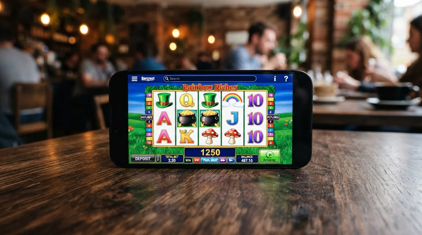A Barcrest slot game running full-screen in a mobile browser on a smartphone held in landscape orientation, with the deposit button and game-lobby search bar visible