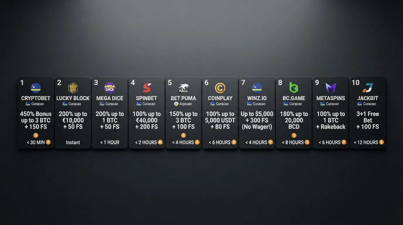 A side-by-side grid of ten casino brand cards arranged in ranked order, each showing its licence jurisdiction flag, bonus headline and withdrawal speed