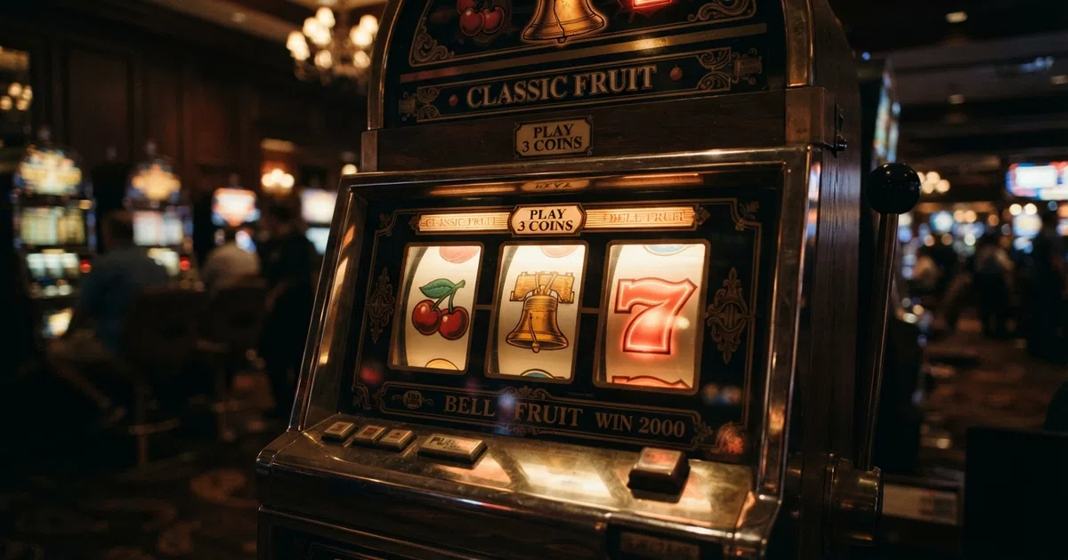 A close-up of three slot-machine reels showing classic fruit symbols — cherries, a bell and a red seven — against a dark casino backdrop