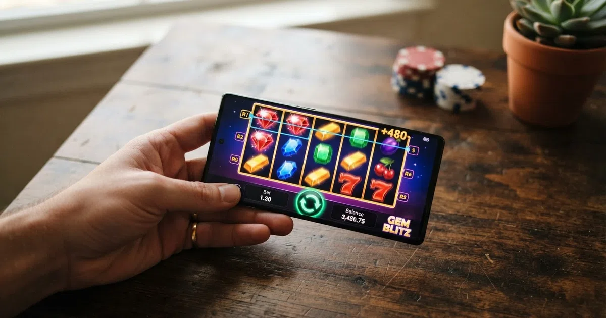A colourful grid of five-reel online slot reels on a screen, showing themed symbols, payline markers, and a spin button