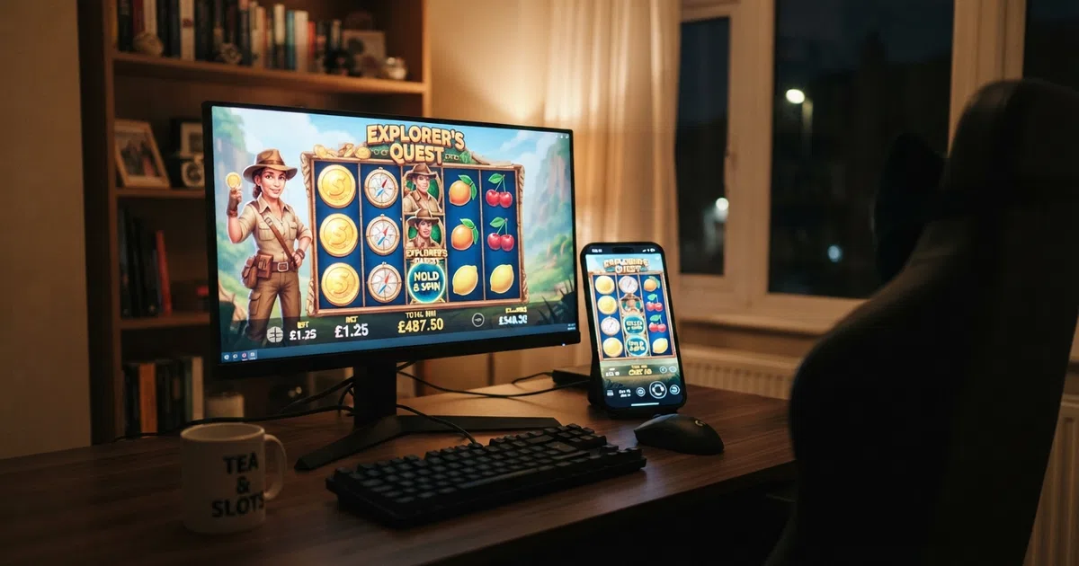 A grid of colourful Amatic slot reels — Book of Aztec's explorer icon, Lucky Link's hold-and-spin frame, and classic fruit symbols — displayed on a desktop and mobile screen side by side