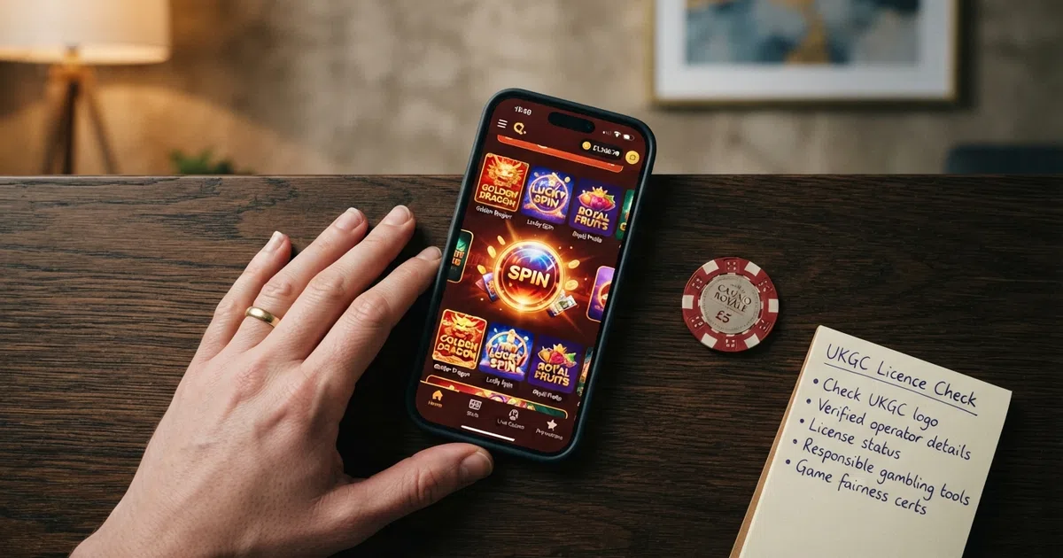 A smartphone held in one hand showing a casino app's game lobby on screen
