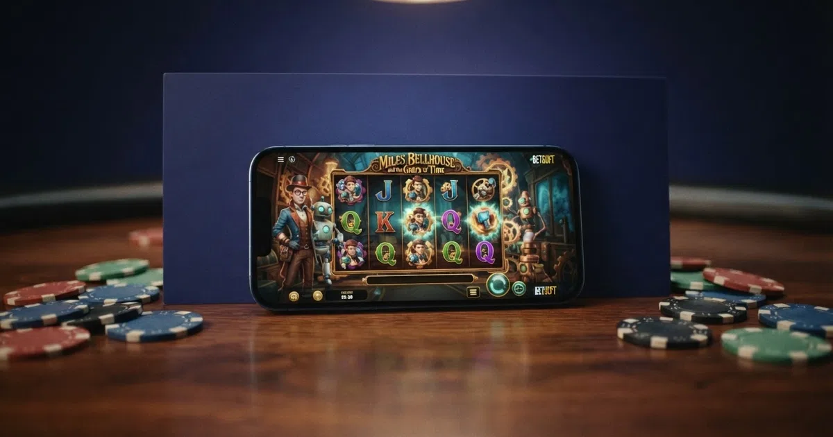 A grid of colourful Betsoft slot game tiles arranged around the Betsoft Gaming logo, against a dark casino-branded background