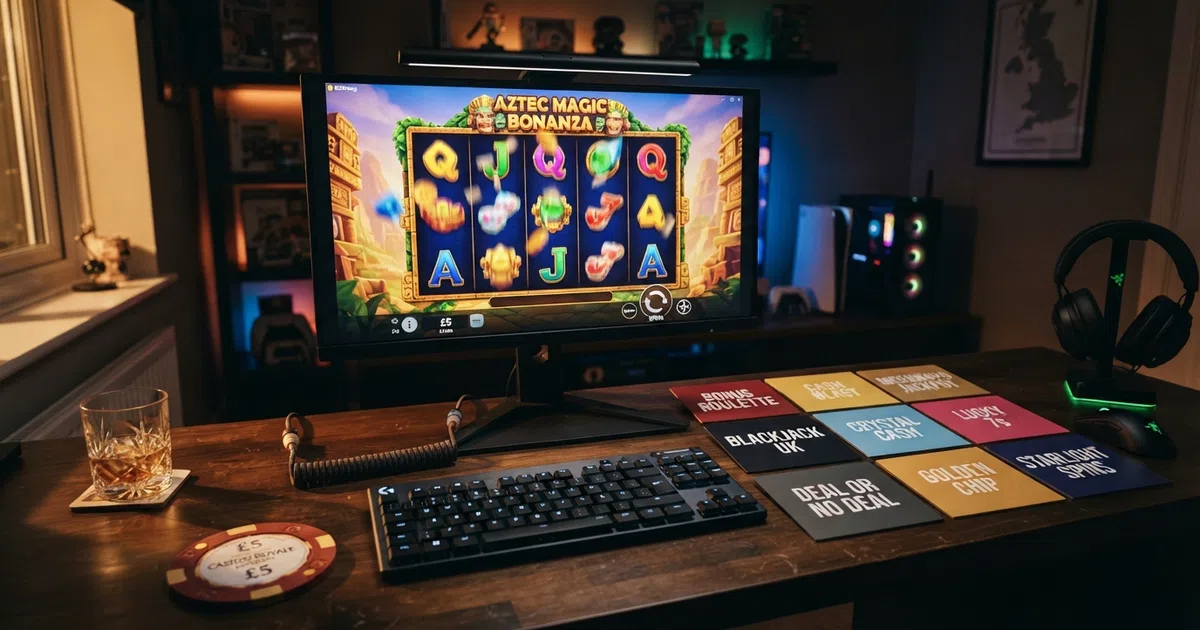 A curated grid of BGaming slot title cards and UK casino brand marks arranged across a dark gaming-themed studio background