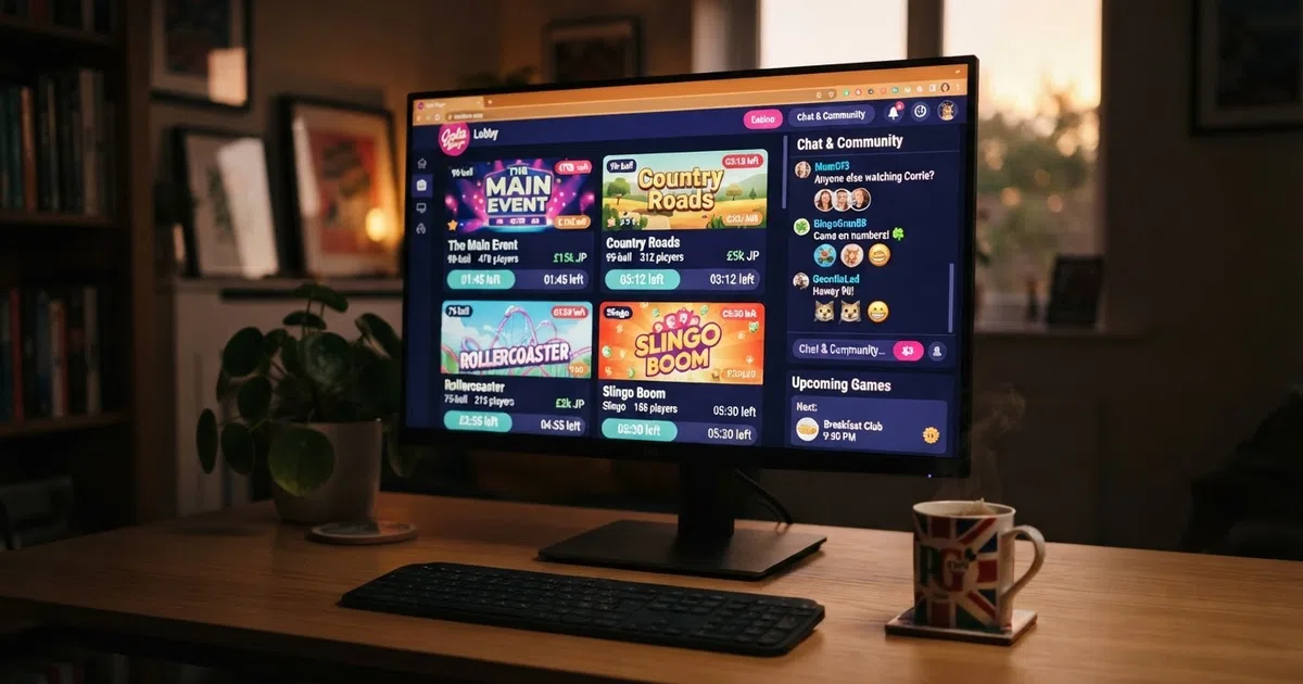 A brightly lit online bingo lobby on a desktop screen showing multiple bingo rooms, a chat panel and a game schedule sidebar