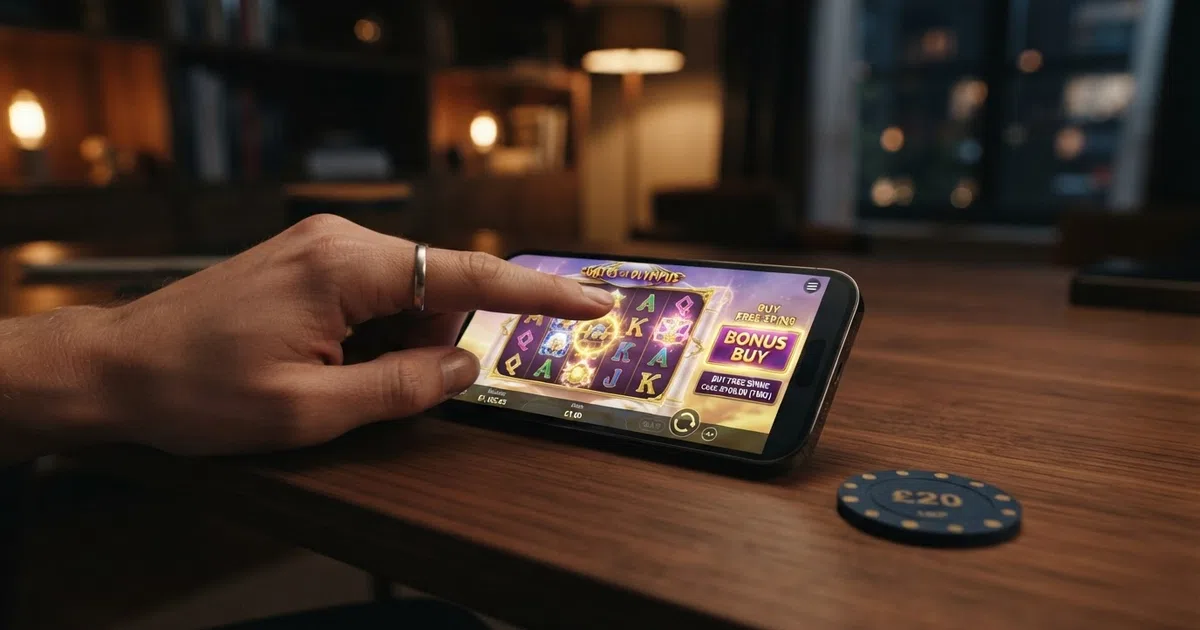 A bonus buy slot interface showing the feature-buy button displayed beside the standard spin button on a five-reel online slot game grid