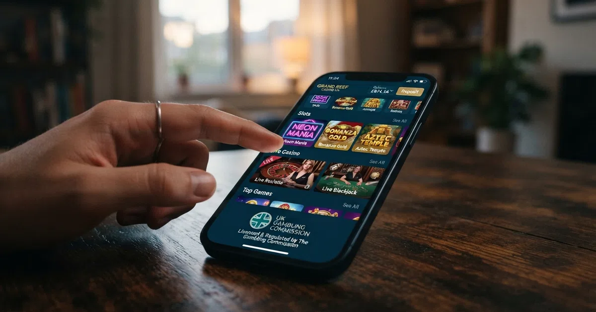 A UK casino app home screen on a smartphone showing licensed operator logos and a game lobby