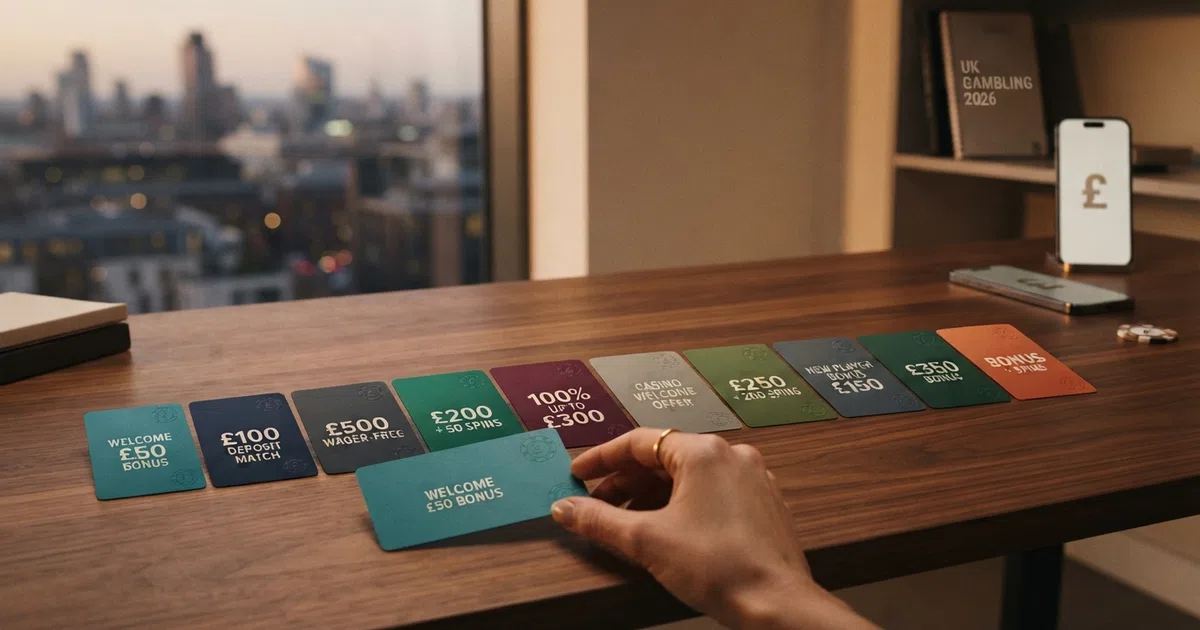 Ten UK-licensed casino welcome offer cards arranged side by side, each showing its free-spin count and wagering multiplier