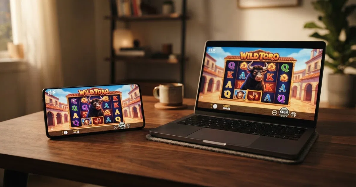 A smartphone and a laptop screen side by side, both displaying Elk Studios slot games with the Elk Studios logo visible, set against a clean dark background