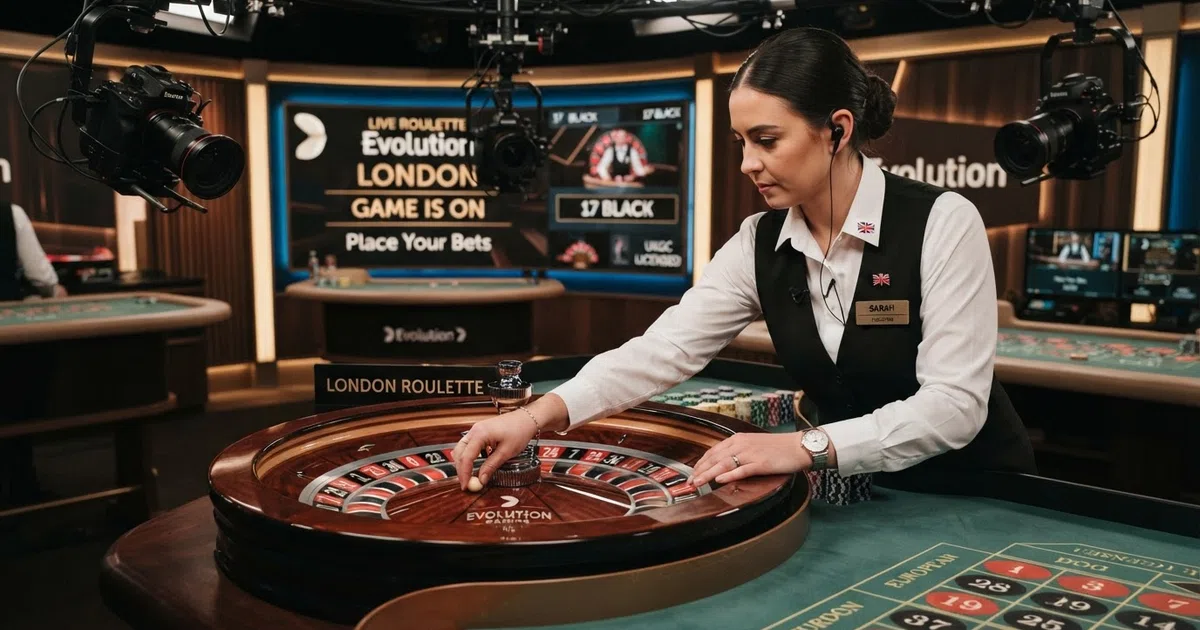 A wide shot of an Evolution Gaming live casino studio with a real dealer at a roulette table, multiple camera rigs, and a branded studio backdrop