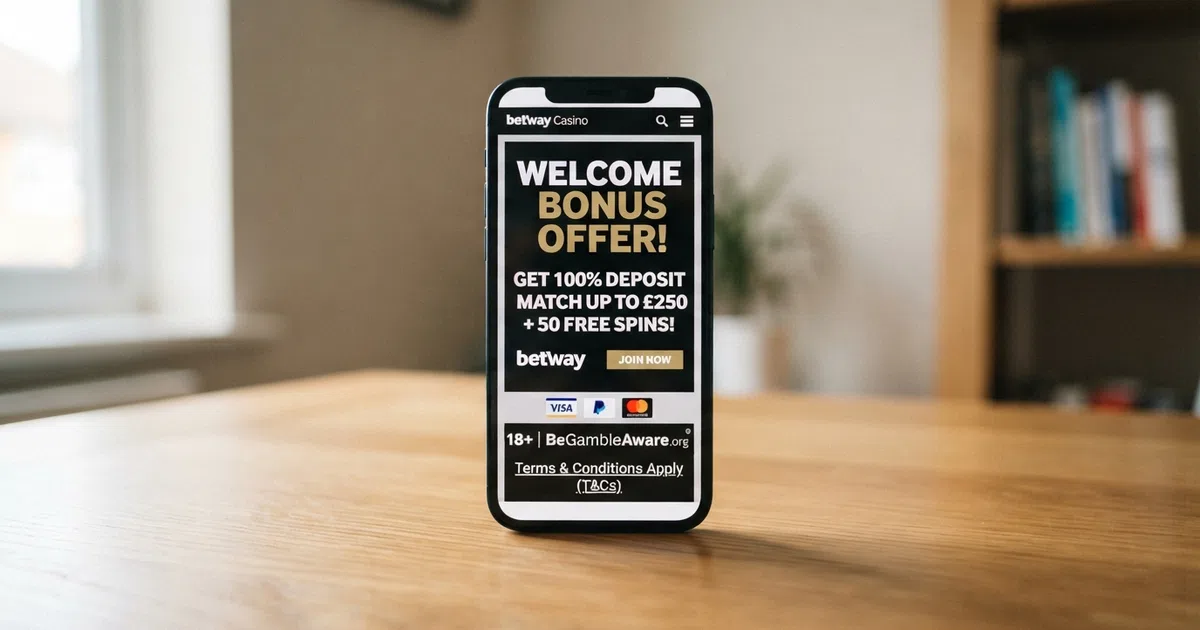 A smartphone screen displaying a UK online casino welcome page with a first-deposit bonus banner, a terms-and-conditions link and a deposit button