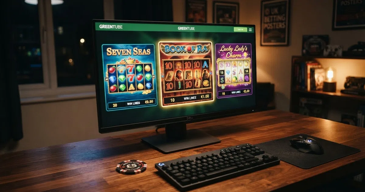 Greentube casino lobby showing Book of Ra Deluxe, Sizzling Hot Deluxe and Lucky Lady's Charm Deluxe slot thumbnails on a UK-licensed casino homepage