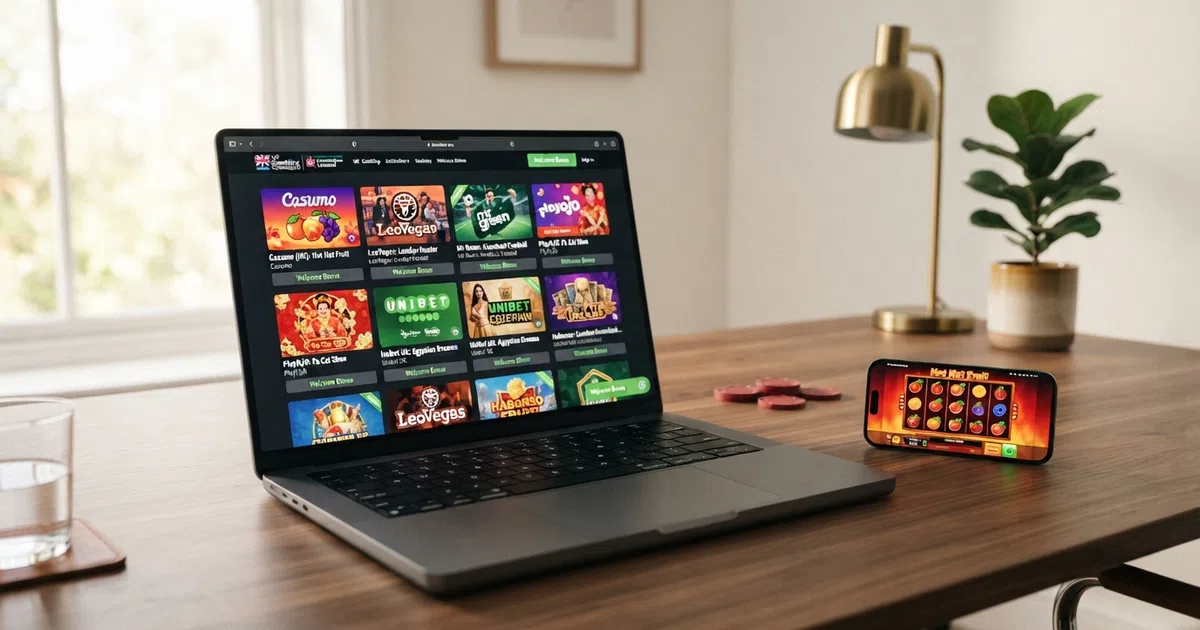 A grid of UK casino welcome screens and Habanero slot game tiles, arranged across a desktop and mobile display