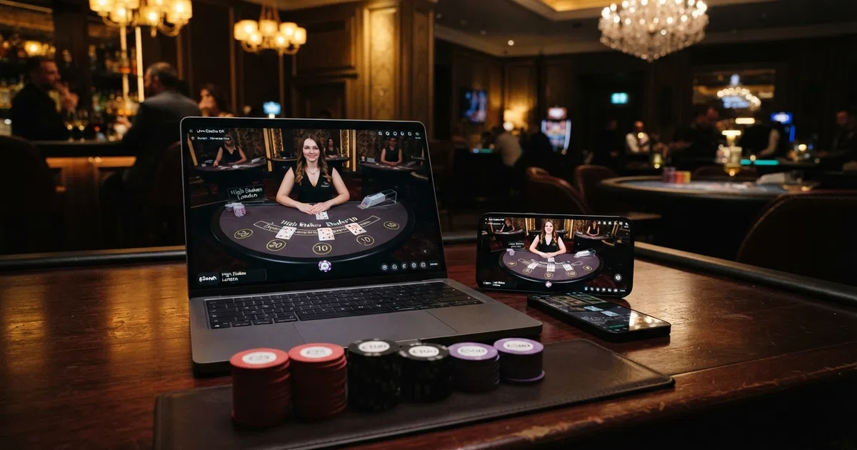 A laptop and smartphone side by side displaying a live dealer blackjack table with stacked chips, set against a dark casino-themed background