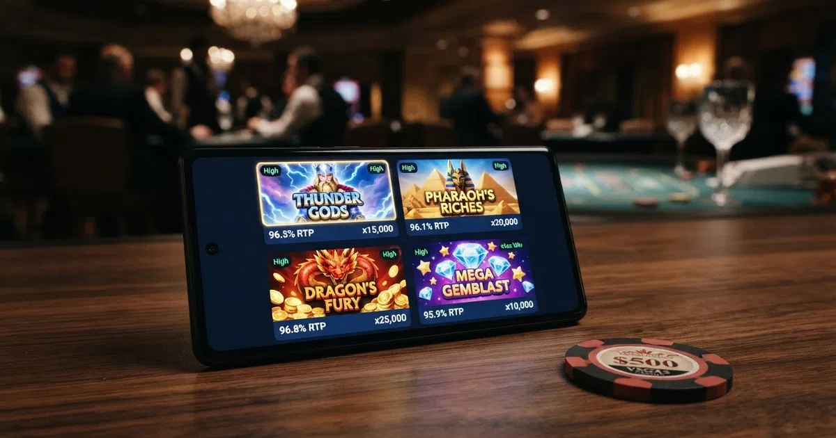 A grid of four high-volatility online slot game thumbnails — Dead or Alive 2, Mental 2, Fire in the Hole xBomb and Book of Dead — with their RTP percentages and max-win multipliers overlaid