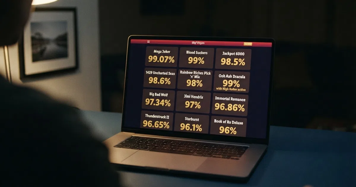A grid of UK online slot game tiles with their RTP percentages displayed prominently, arranged on a dark casino-style background