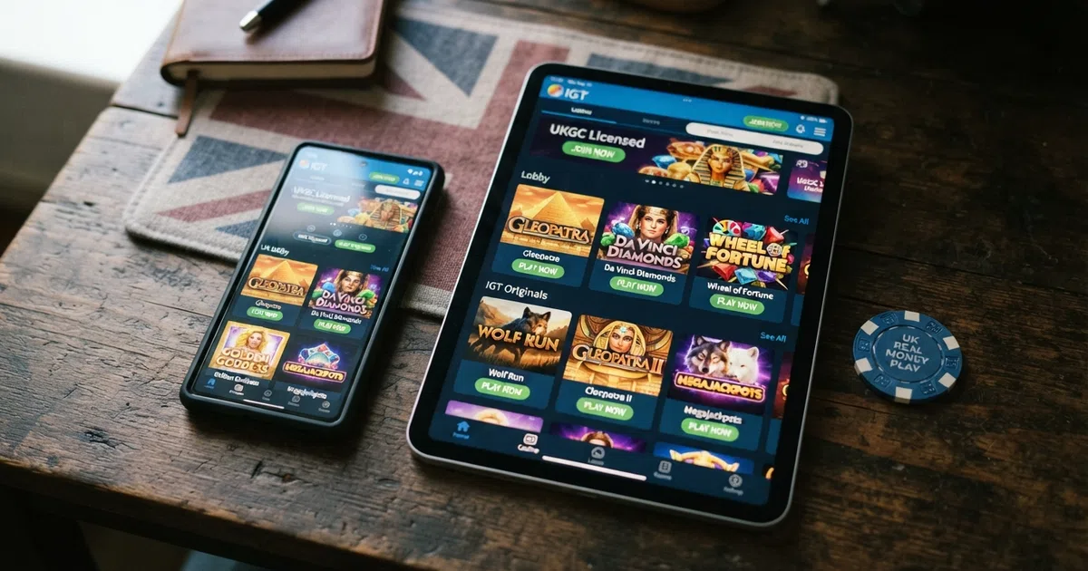 A grid of UK-licensed online casino lobby screens showing IGT slot tiles including Cleopatra, Da Vinci Diamonds and Wheel of Fortune, overlaid on a Union Jack-toned background
