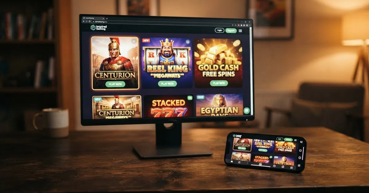 An online casino lobby screen displaying Inspired Gaming slot tiles including Centurion and Reel King Megaways, shown on a desktop monitor and a smartphone side by side