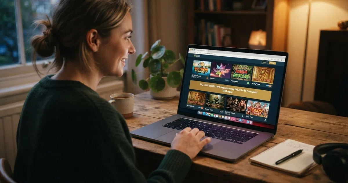 A laptop screen displaying an international online casino lobby with a game grid, a welcome-bonus banner and a padlock icon in the browser address bar