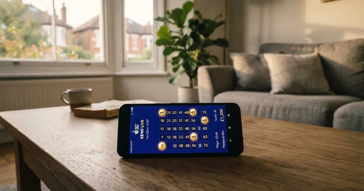 A keno number grid with player-selected spots highlighted on screen at a UK online casino