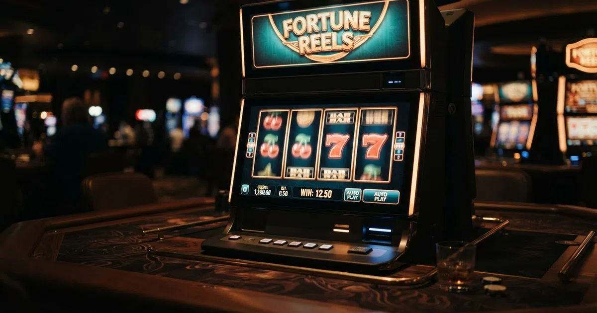 A row of online slot reels displaying small matching symbols and a modest win amount, lit against a dark casino-style background
