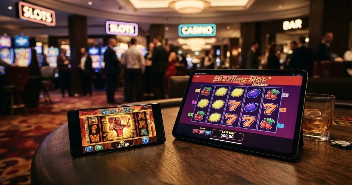 A collage of Novomatic slot reels — Book of Ra, Sizzling Hot Deluxe, Lucky Lady's Charm — on a screen with a UK casino lobby visible in the background.