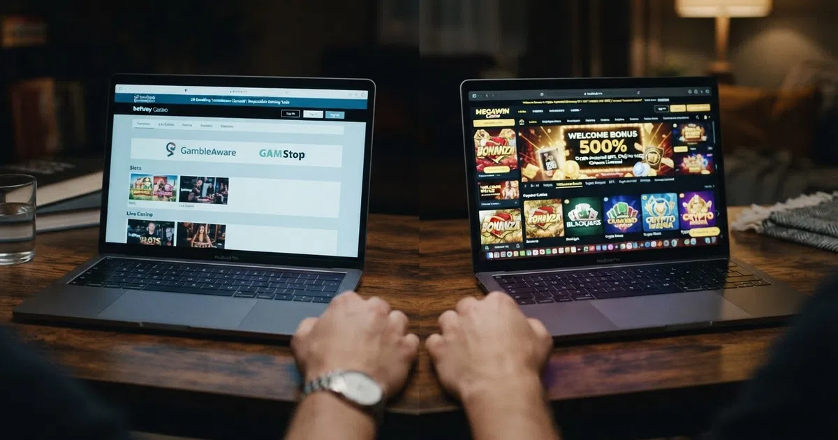 A split-frame visual: on one side, a desktop screen showing a UKGC-licensed casino interface with a padlock icon and a GAMSTOP logo; on the other side, a screen showing an offshore casino lobby with a wider game grid, crypto deposit options and a welcome-bonus banner
